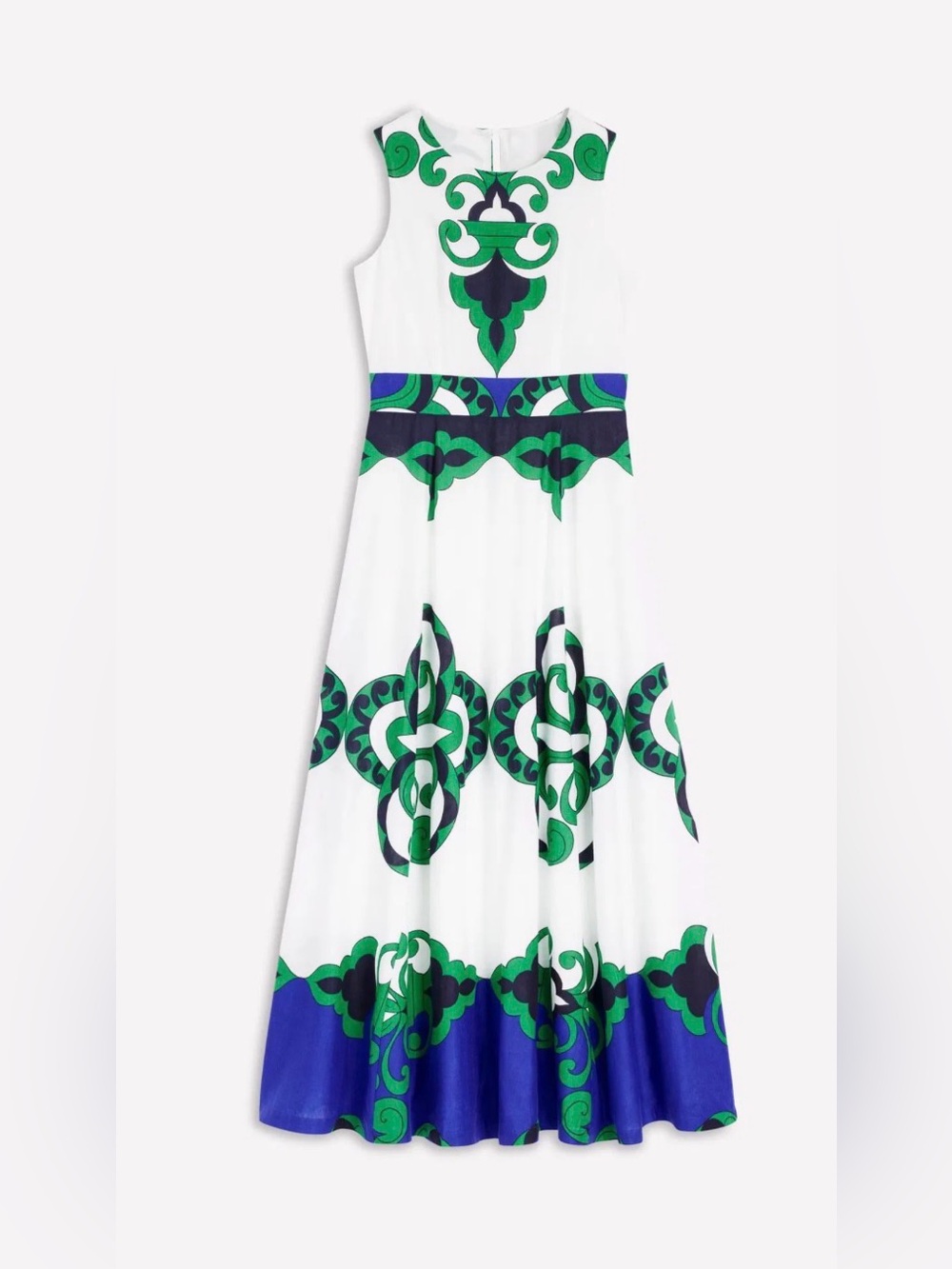 Boden dress NEW US 8Sleeveless linen blend dress White Dress Green & Blue Print